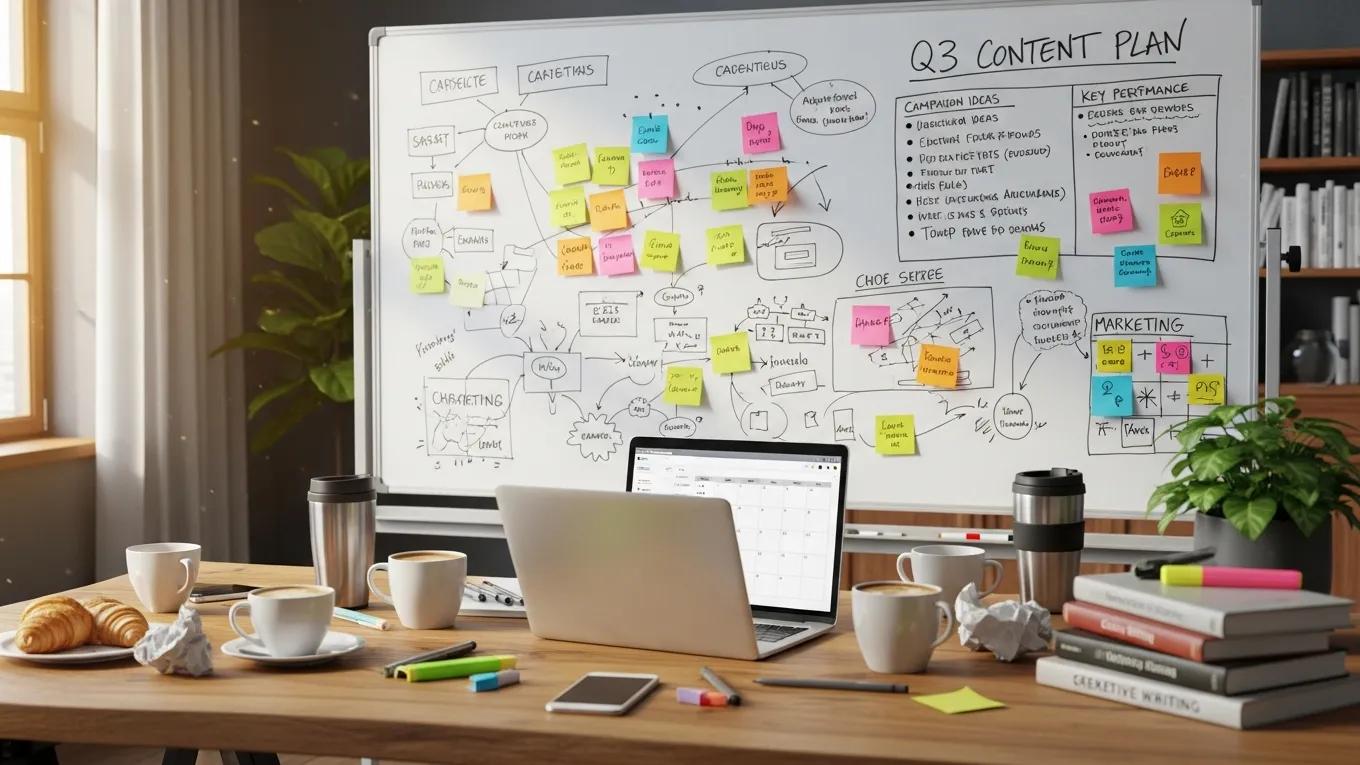 Creative workspace with a whiteboard and content strategy plans, highlighting collaboration and brainstorming