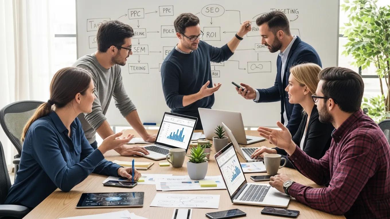 Diverse team brainstorming PPC strategies in a collaborative workspace