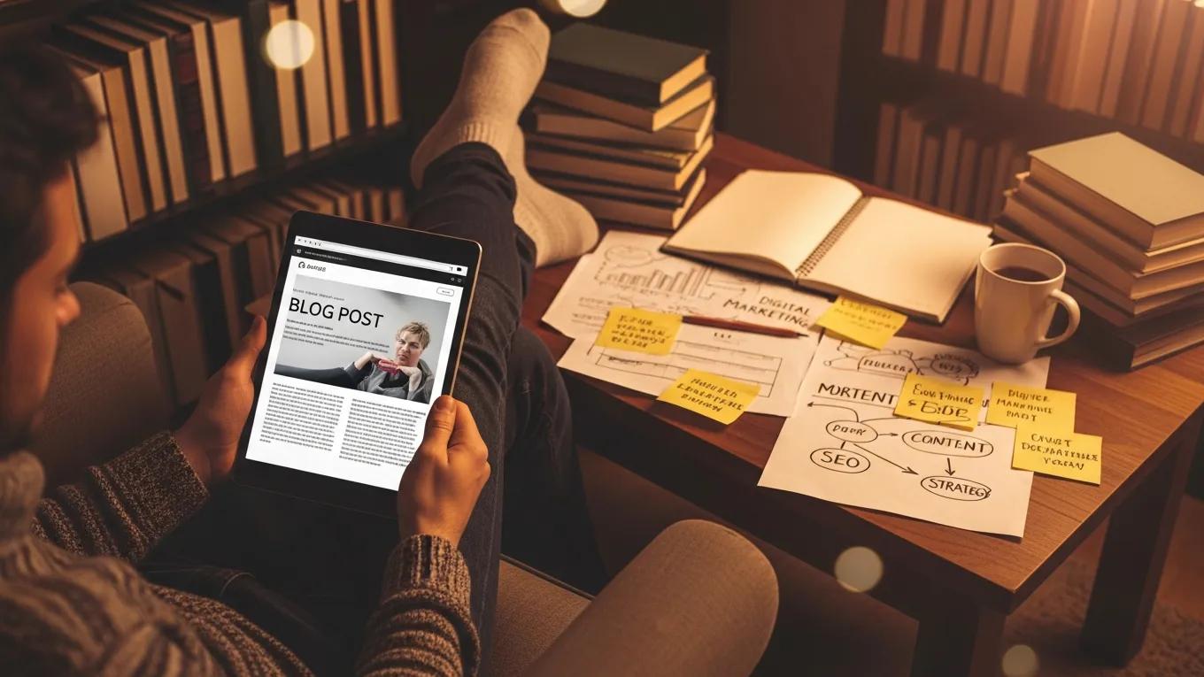Individual reading a digital marketing blog on a tablet, surrounded by books, emphasizing topical authority